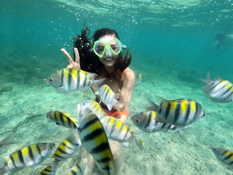 Moça mergulhando com os peixinhos na piscina natural de picãozinho